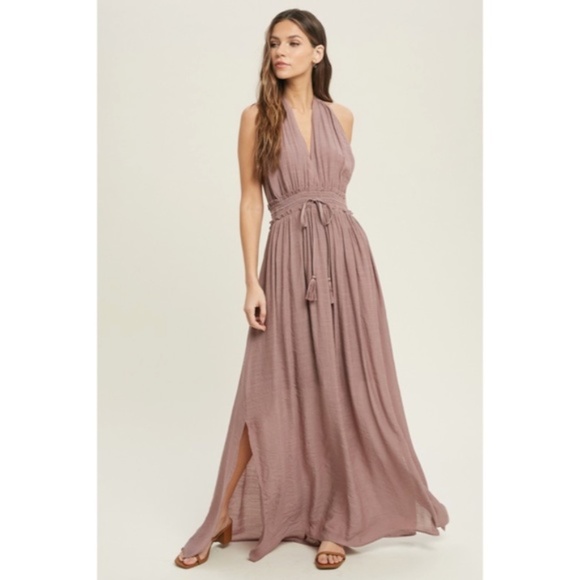 SOLD OUT Dark Mauve Solid Halter Smocked Waist Maxi Casual Boho Dress w/ Side - Picture 2 of 6